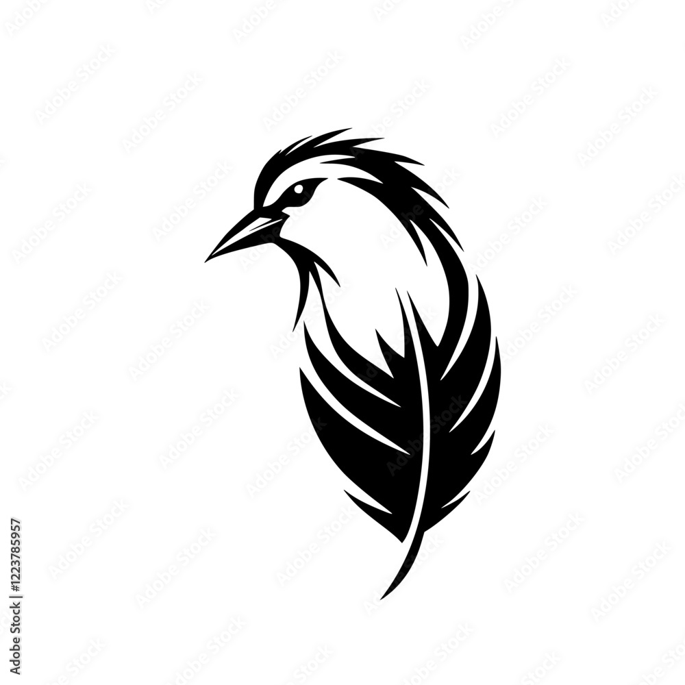 Fototapeta premium Bird and Feather: Abstract Black and White Animal Design. Perfect for logo, emblem, or tattoo. Nature-inspired graphic art.