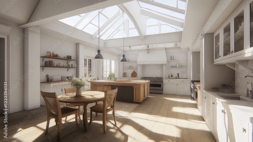 A bright and airy kitchen with skylights, white walls, and a wooden dining table nearby. A bright and airy kitchen with skylights, white walls, and a wooden dining table nearby.