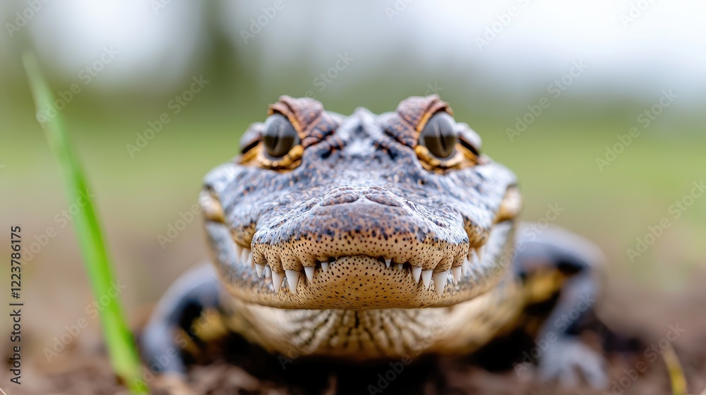Fototapeta premium Baby alligator looks directly at the camera from a low angle on muddy ground in a wetland during daytime.
