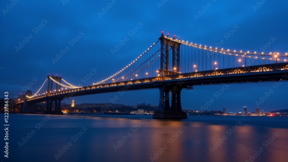 A majestic urban bridge illuminated by golden lights at twilight, spanning a calm river under a deep blue and indigo sky, with distant city lights softly twinkling. A majestic urban bridge illuminated by golden lights at twilight, spanning a calm river under a deep blue and indigo sky, with distant city lights softly twinkling.