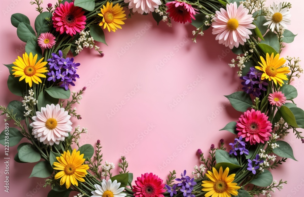 Obraz premium Colorful wildflower wreath arranged on pink background. Floral chaplet made of various flowers like gerbera daisies, small white flowers, purple blossoms. Fresh summer floral design. Top view beauty