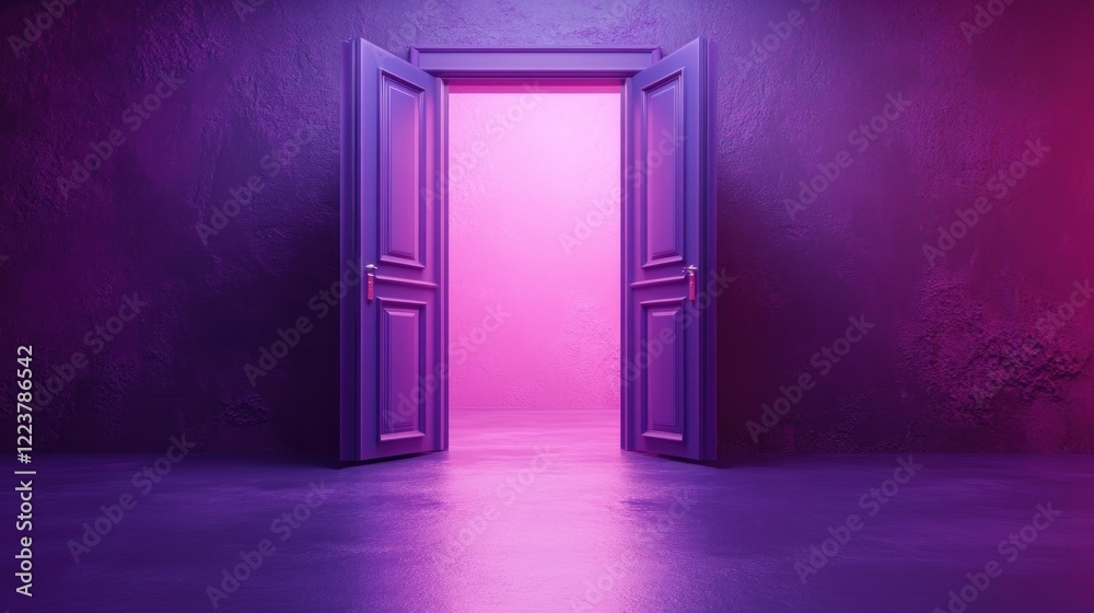 Open Violet Double Doors in a Surreal Room with Pastel Lighting Representing Freedom and New Opportunities Open Violet Double Doors in a Surreal Room with Pastel Lighting Representing Freedom and New Opportunities