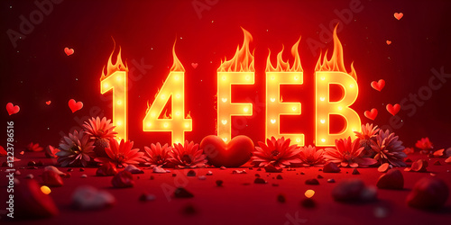 Flaming 14 FEB marquee letters surrounded by red flowers, hearts, and petals on a dark red background. A romantic, fiery Valentines Day scene. photo