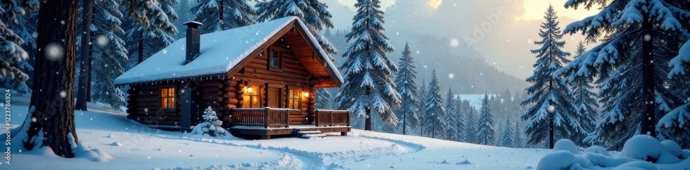Cozy cabin in the woods with snowflakes falling gently outside , snowflakes, woodsy