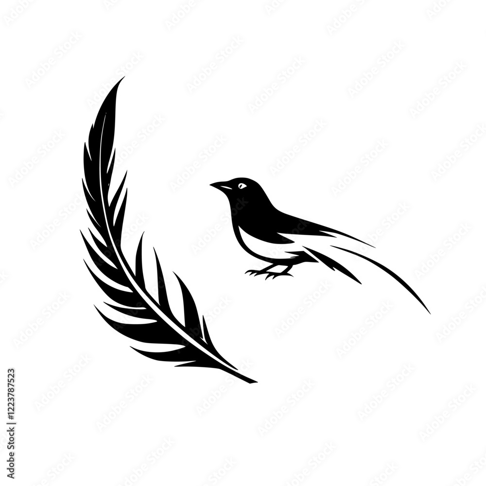 Fototapeta premium Elegant Magpie Bird with Feather: Black and White Minimalist Avian Art Design