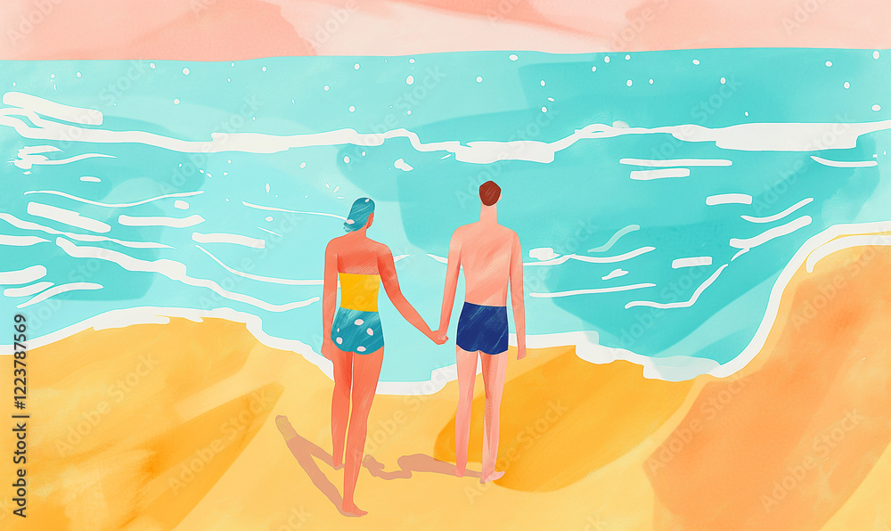 couple holding hands, romantic, on the beach - vacation, holiday illustration, simple, minimalist, exercise beach, diverse people, simple wallart illustration, gouache expressive brush painting couple holding hands, romantic, on the beach - vacation, holiday illustration, simple, minimalist, exercise beach, diverse people, simple wallart illustration, gouache expressive brush painting