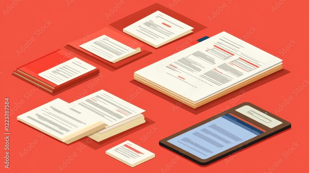Obraz premium A clean flat lay of ERP training manuals, printed reports, and a tablet with financial tracking data.