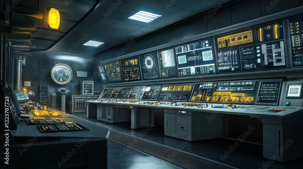 Naklejka premium A clean industrial control room featuring advanced SCADA systems for plant automation.
