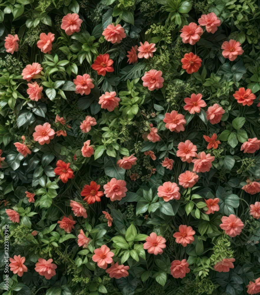 Artificial flowers in a lush green wall with vines and foliage , vintage, garden, artificial Artificial flowers in a lush green wall with vines and foliage , vintage, garden, artificial