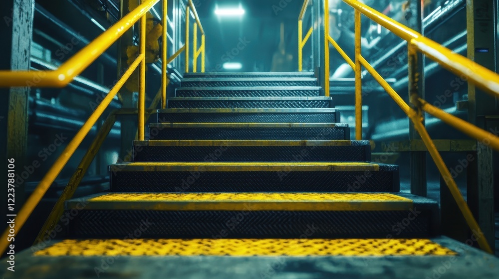 Industrial Metal Staircase With Yellow Railings Industrial Metal Staircase With Yellow Railings