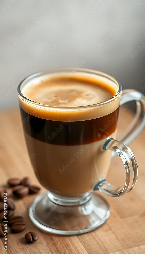 Layered Coffee in Clear Glass Mug on Wooden Table Layered Coffee in Clear Glass Mug on Wooden Table