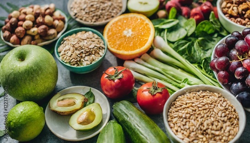 Wallpaper Mural A vibrant flat lay of many different healthy foods arranged beautifully on a table.  Torontodigital.ca