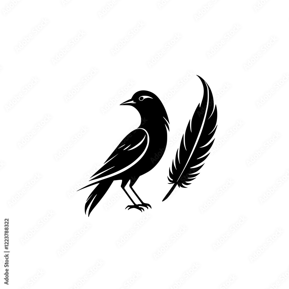 Fototapeta premium Black Bird Silhouette with Feather: Elegant Nature Graphic Design, Minimalist Vector Illustration, Perfect for Logo or Icon