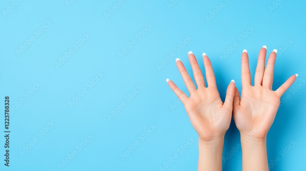 Asian female hands with french manicure on blue background Asian female hands with french manicure on blue background