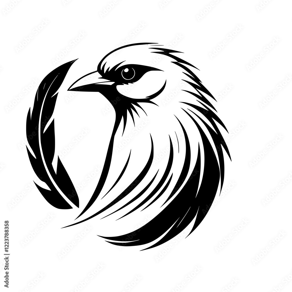 Fototapeta premium Majestic Bird Head with Feather: Elegant Black and White Vector Illustration, Perfect for Logo or Graphic Design