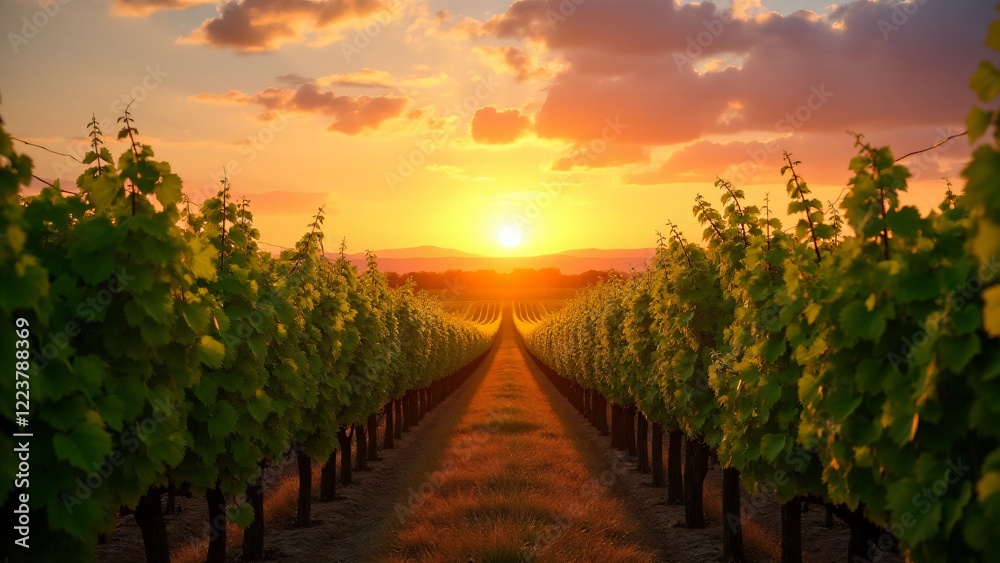 Fototapeta premium A serene vineyard at sunset with golden rays highlighting vibrant green grapevines, set under a glowing sky of warm oranges, pinks, and soft purples.