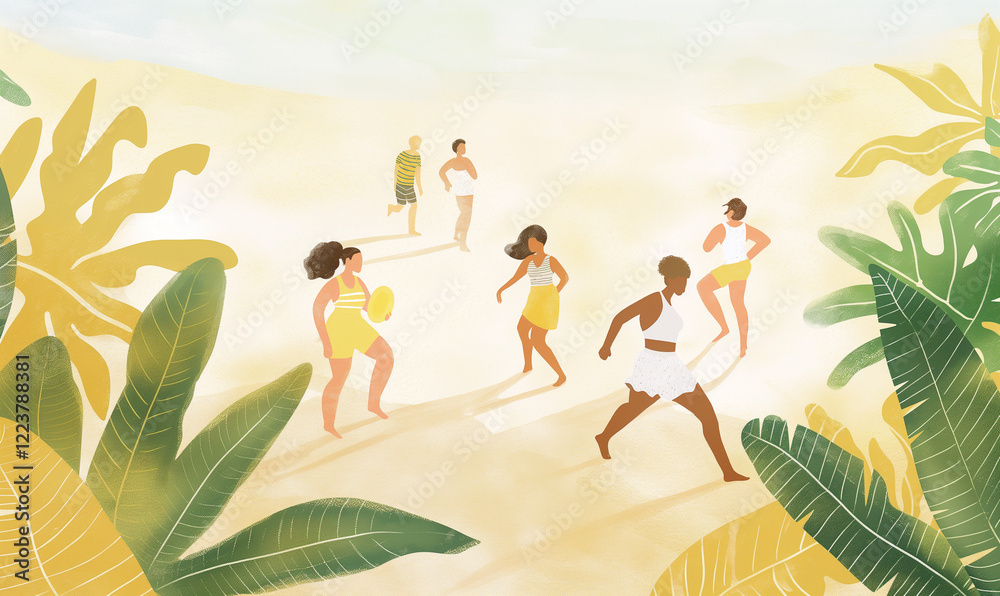 Playing and dancing on the beach - editorial illustration, simple, minimalist, exercise beach themed, diverse people, simple wallart illustration, gouache expressive brush painting Playing and dancing on the beach - editorial illustration, simple, minimalist, exercise beach themed, diverse people, simple wallart illustration, gouache expressive brush painting