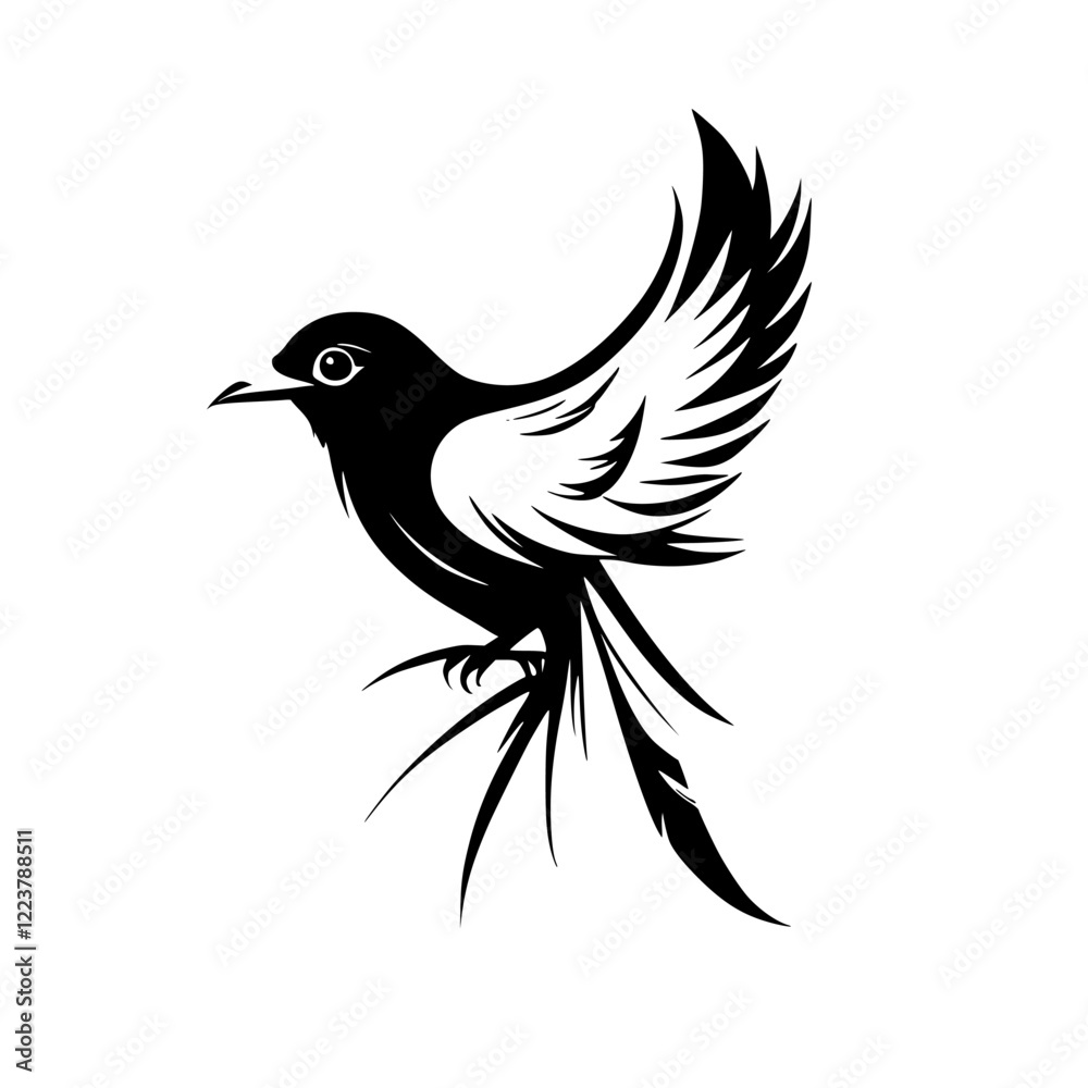 Fototapeta premium Elegant Bird Silhouette: A Black and White Vector Illustration of a Bird in Flight. Perfect for nature lovers and design enthusiasts.