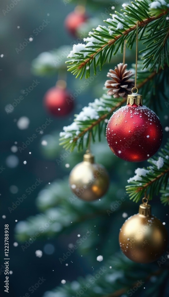 Snowflakes gently fall onto a fir branch adorned with shiny Christmas ornaments, pinecone, snowflake, holiday Snowflakes gently fall onto a fir branch adorned with shiny Christmas ornaments, pinecone, snowflake, holiday