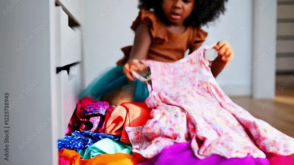 Cute African American girl trying to find needed dress by throwing out all clothes out of drawers in closet. Colorful clothes falling on floor creating mess in wardrobe. Nothing to wear concept 4K Cute African American girl trying to find needed dress by throwing out all clothes out of drawers in closet. Colorful clothes falling on floor creating mess in wardrobe. Nothing to wear concept 4K