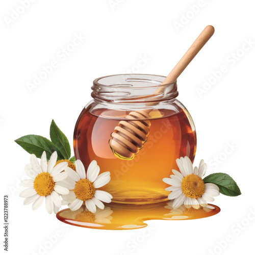 honey in a jar and flowers
