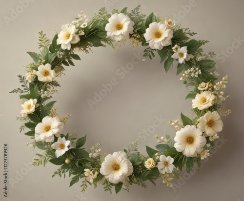 Wallpaper Mural Delicate floral wreath with greenery and flowers, surrounded by a soft golden border, nature, wedding invitation, botanical Torontodigital.ca