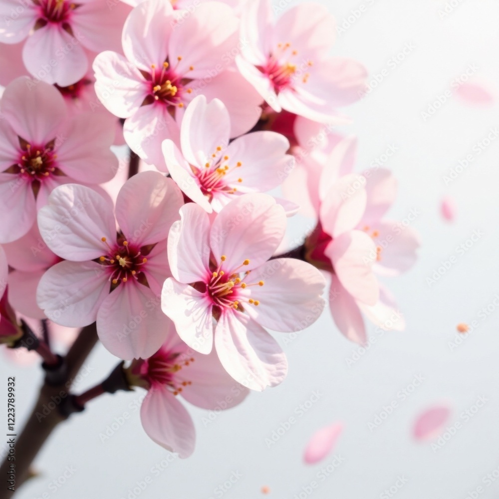 Delicate pink blossoms on a single cherry tree against a soft white background , bloom, blossom, pink Delicate pink blossoms on a single cherry tree against a soft white background , bloom, blossom, pink