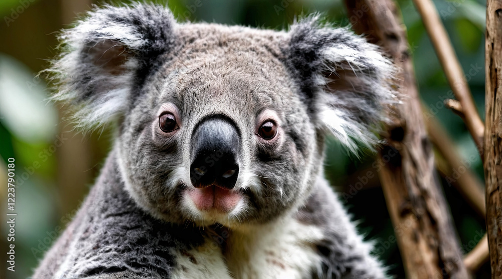 Fototapeta premium A cute koala sits nestled in a eucalyptus tree, gently munching on leaves with its tiny paws, radiating a sense of peaceful contentment and gentle curiosity