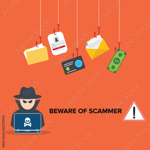 Beware of scammer. Hacker with laptop computer stealing confidential data, personal information and credit card detail. Hacking concept.	