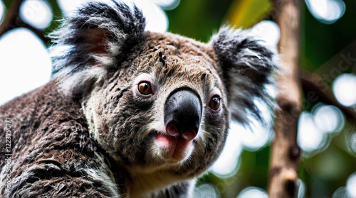 A cute koala sits nestled in a eucalyptus tree, gently munching on leaves with its tiny paws, radiating a sense of peaceful contentment and gentle curiosity