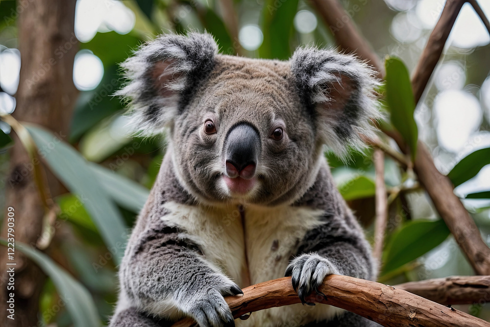 A cute koala sits nestled in a eucalyptus tree, gently munching on leaves with its tiny paws, radiating a sense of peaceful contentment and gentle curiosity A cute koala sits nestled in a eucalyptus tree, gently munching on leaves with its tiny paws, radiating a sense of peaceful contentment and gentle curiosity