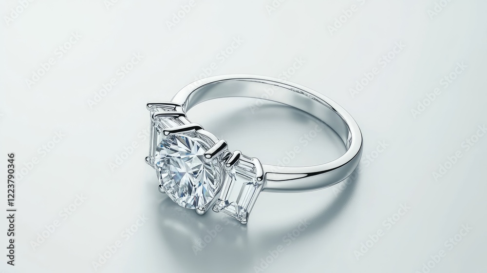 A diamond engagement ring with side baguette stones, displayed on a neutral grey background. A diamond engagement ring with side baguette stones, displayed on a neutral grey background.