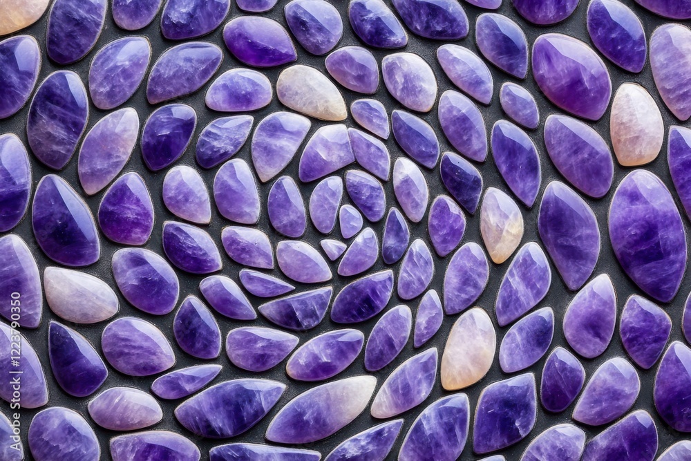Obraz premium Glowing amethyst gemstones arranged in a spiral pattern on a black background, creating a mystical and luxurious aesthetic
