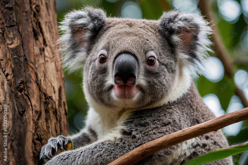 Obraz premium A cute koala sits nestled in a eucalyptus tree, gently munching on leaves with its tiny paws, radiating a sense of peaceful contentment and gentle curiosity