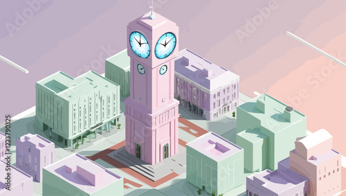 3D Pastel City Clocktower Scene With Abstract Buildings and Clock Faces