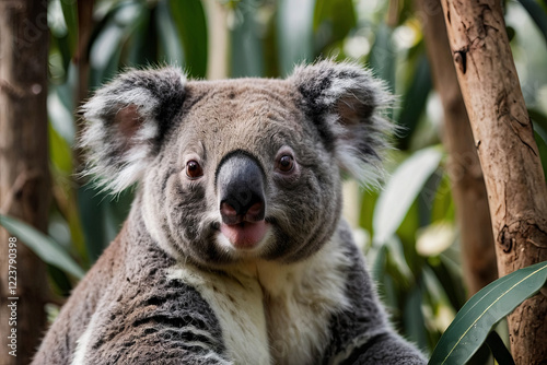 A cute koala sits nestled in a eucalyptus tree, gently munching on leaves with its tiny paws, radiating a sense of peaceful contentment and gentle curiosity