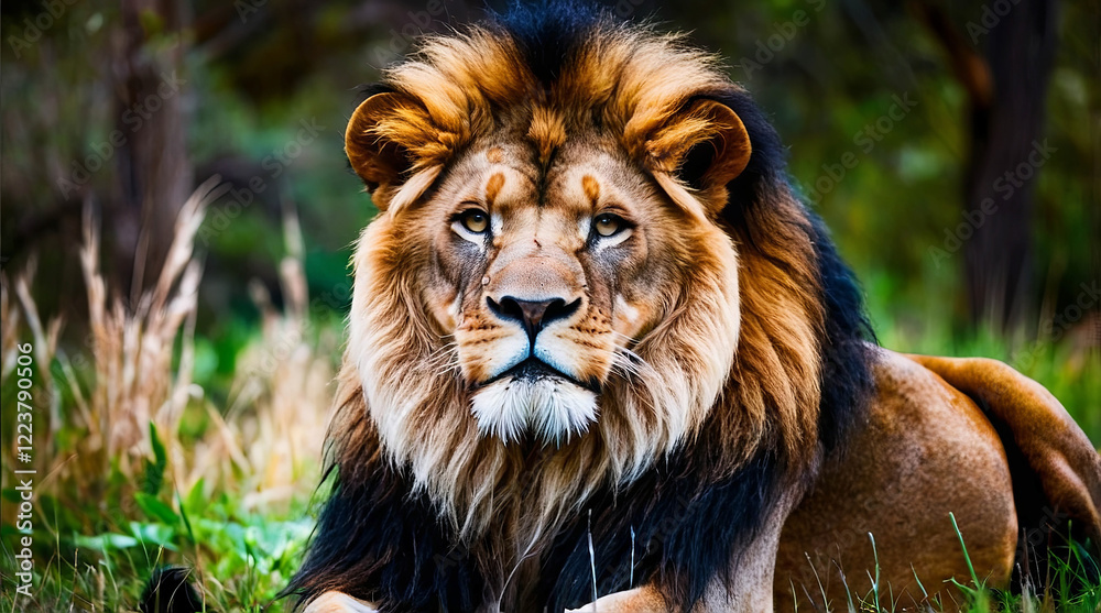 A majestic male lion sits regally in the African savanna, gazing directly at the viewer with piercing eyes, exuding confidence and power A majestic male lion sits regally in the African savanna, gazing directly at the viewer with piercing eyes, exuding confidence and power