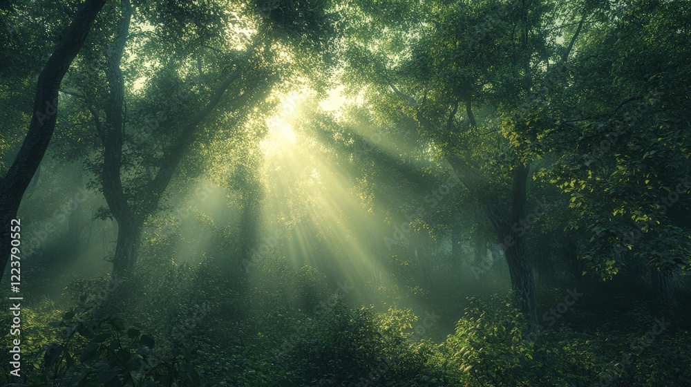Fototapeta premium Sunlight Filtering Through Trees in a Serene Forest Morning