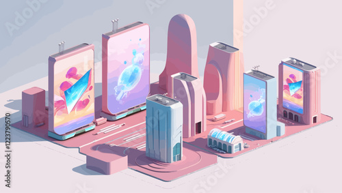 Futuristic Pink Cityscape with Digital Billboards
