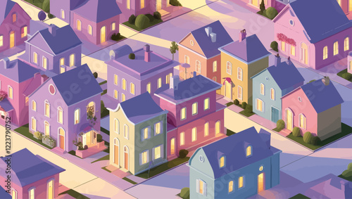 Colorful Neighborhood at Dusk: Isometric 3D Illustration