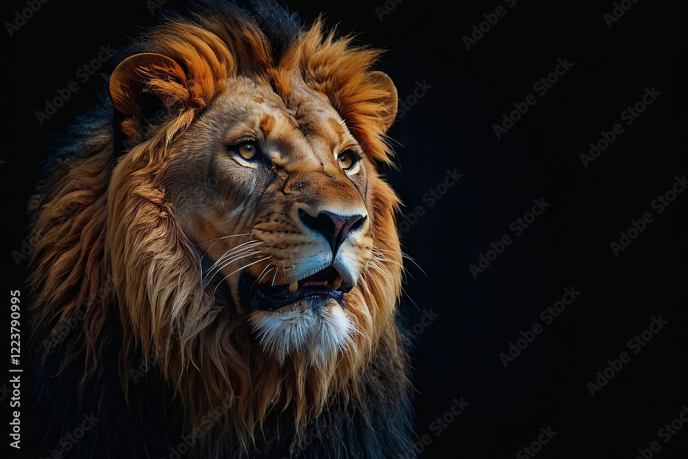 Fototapeta premium A lion's face. The lion is facing towards the right side of the image, with its mouth open wide, showing its sharp teeth
