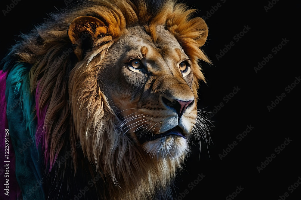 Fototapeta premium A lion's face. The lion is facing towards the right side of the image, with its mouth open wide, showing its sharp teeth