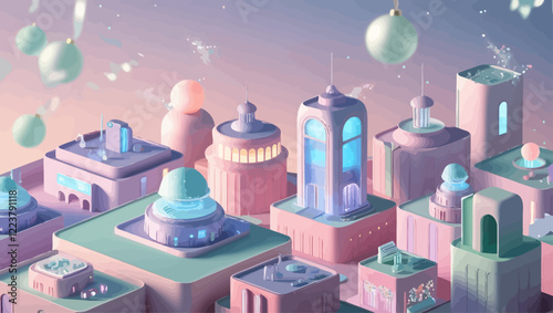 Futuristic Cityscape with Pastel Buildings and Holiday Ornaments