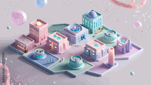 Pastel 3D Futuristic Buildings with Floating Orbs on Light Background