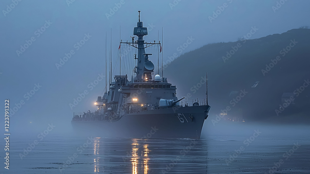 Majestic Warship Sailing Through Foggy Waters Majestic Warship Sailing Through Foggy Waters