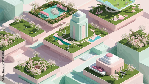 Modern Pastel Cityscape with Green Rooftops