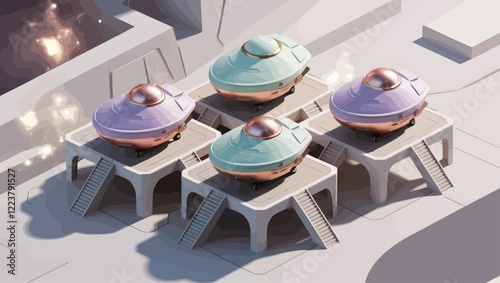 Pastel UFOs on Platforms, Futuristic Spaceport