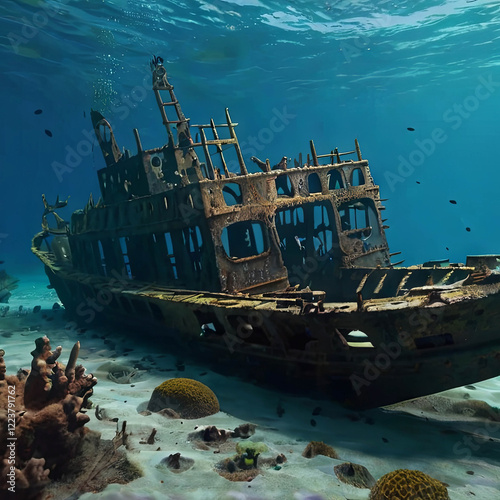 An old, rusted shipwreck in the ocean. The ship appears to be abandoned and is covered in rust and debris
