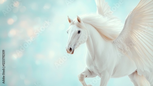 Majestic white pegasus horse in flight, ethereal background, fantasy art