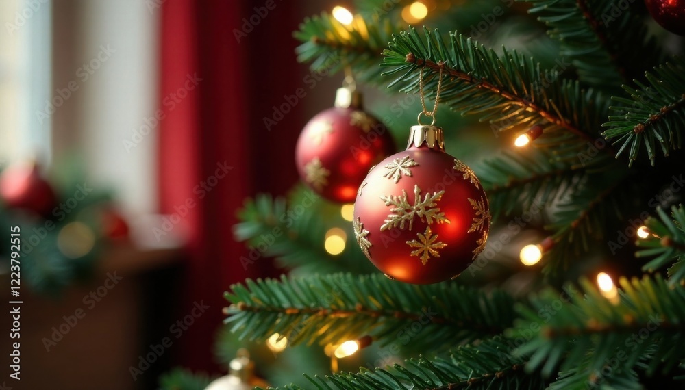 Close-up of a Christmas tree with ornaments and lights, close up photography, holiday decor, christmas tree Close-up of a Christmas tree with ornaments and lights, close up photography, holiday decor, christmas tree